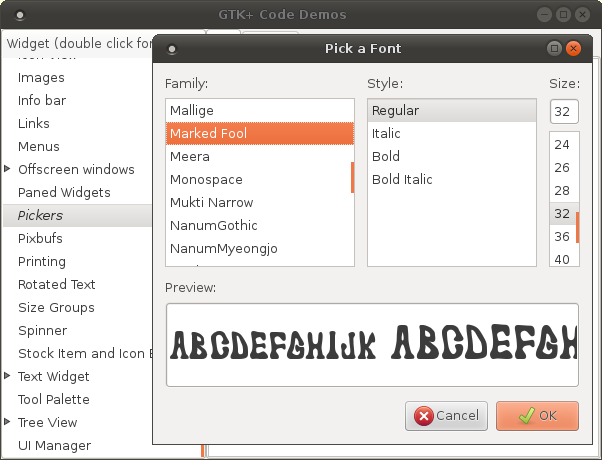 Screenshot of gtk-demo font selection dialog