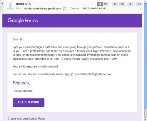 Screenshot of spam e-mail sent via Google Forms