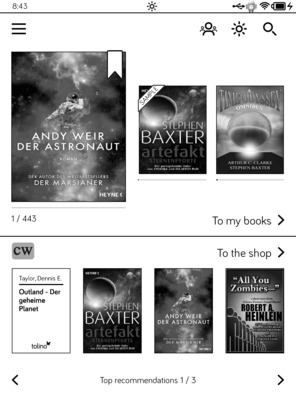 Tolino home screen with latest calibre books