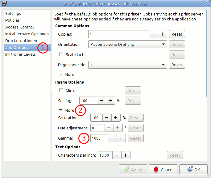 CUPS printer settings