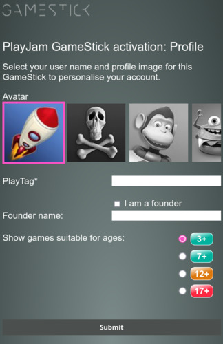 GameStick Setup: Profile setup (mobile view)