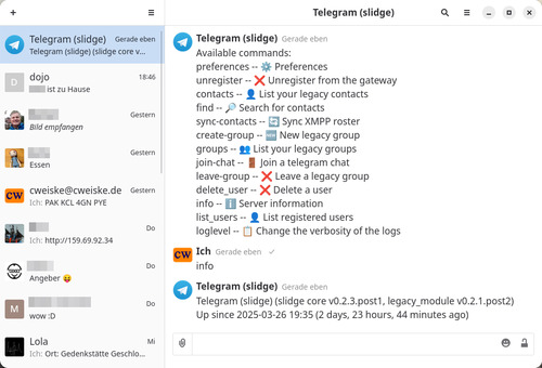 Dino showing the Slidge brigde chat commands